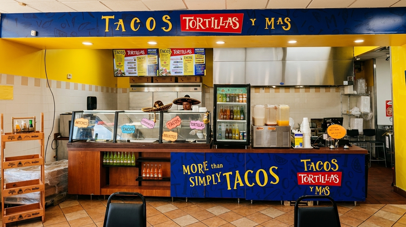 A vibrant Mexican restaurant interior with a counter, menu boards, drinks, and a person wearing a sombrero.