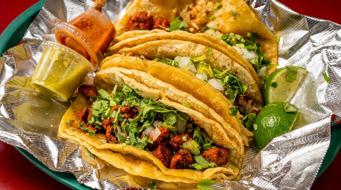 A foil-lined basket holds several tacos with meat, cilantro, and onions, alongside lime wedges and sauces.
