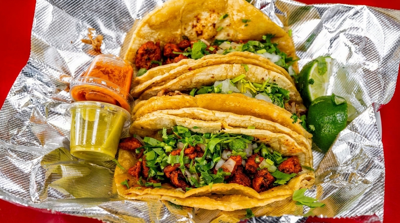 Four street tacos with meat, cilantro, and onions, with lime wedges and two sauces, on foil.