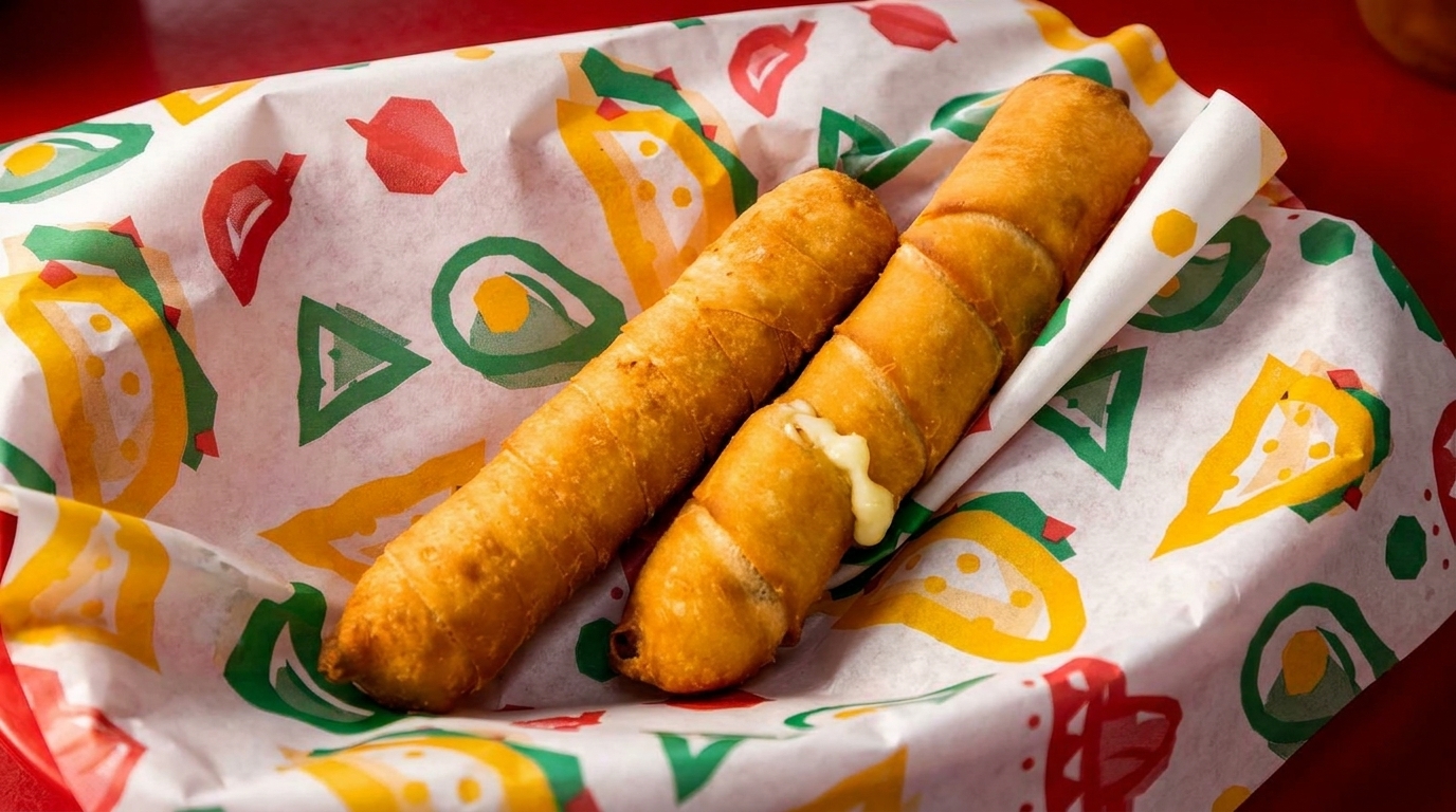Two golden-brown fried taquitos, one with cheese oozing out, in a basket with patterned paper.