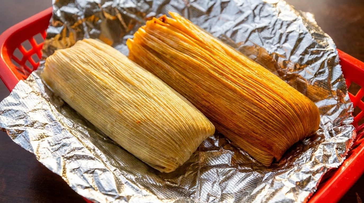 Two tamales, one light and one dark, wrapped in corn husks, resting on foil in a red basket.