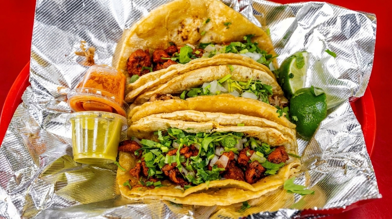 Three street tacos with meat, cilantro, and onions, with lime wedges and two sauces.