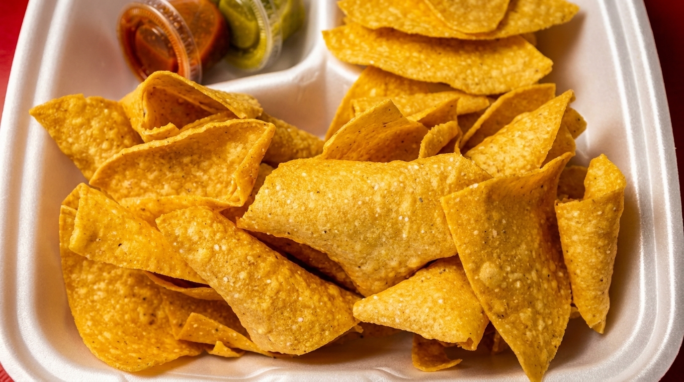 Crispy tortilla chips in a white takeout container with small cups of salsa and guacamole.