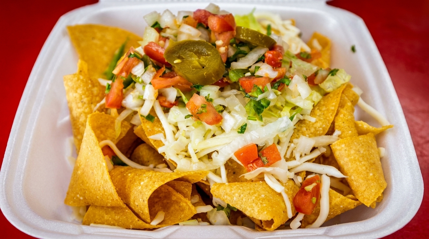 Nachos in a white takeout container, topped with shredded cheese, lettuce, diced tomatoes, and jalapeños.