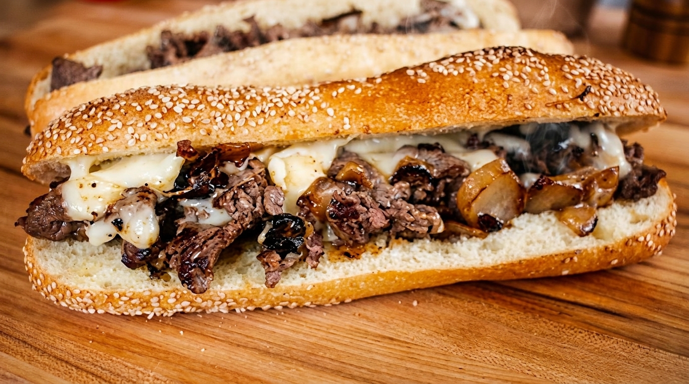 Two steaming hot Philly cheesesteak sandwiches with melted cheese, steak, and onions on a wooden board.