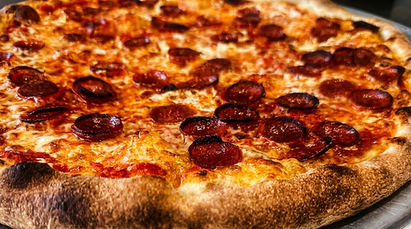 Close-up of a freshly baked pepperoni pizza with melted cheese and a crispy crust.