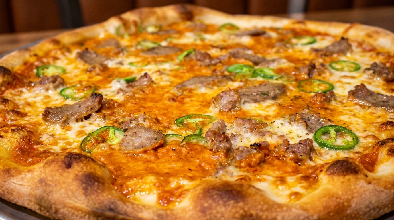 Close-up of a pizza with sausage, melted cheese, and sliced green jalapeños.