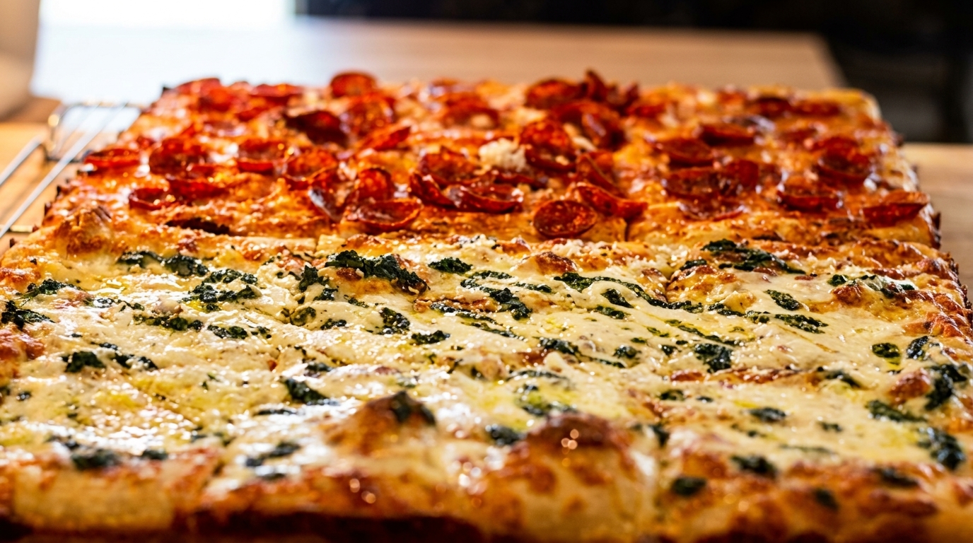 Close-up of a rectangular pizza, half pepperoni and half white pizza with spinach.