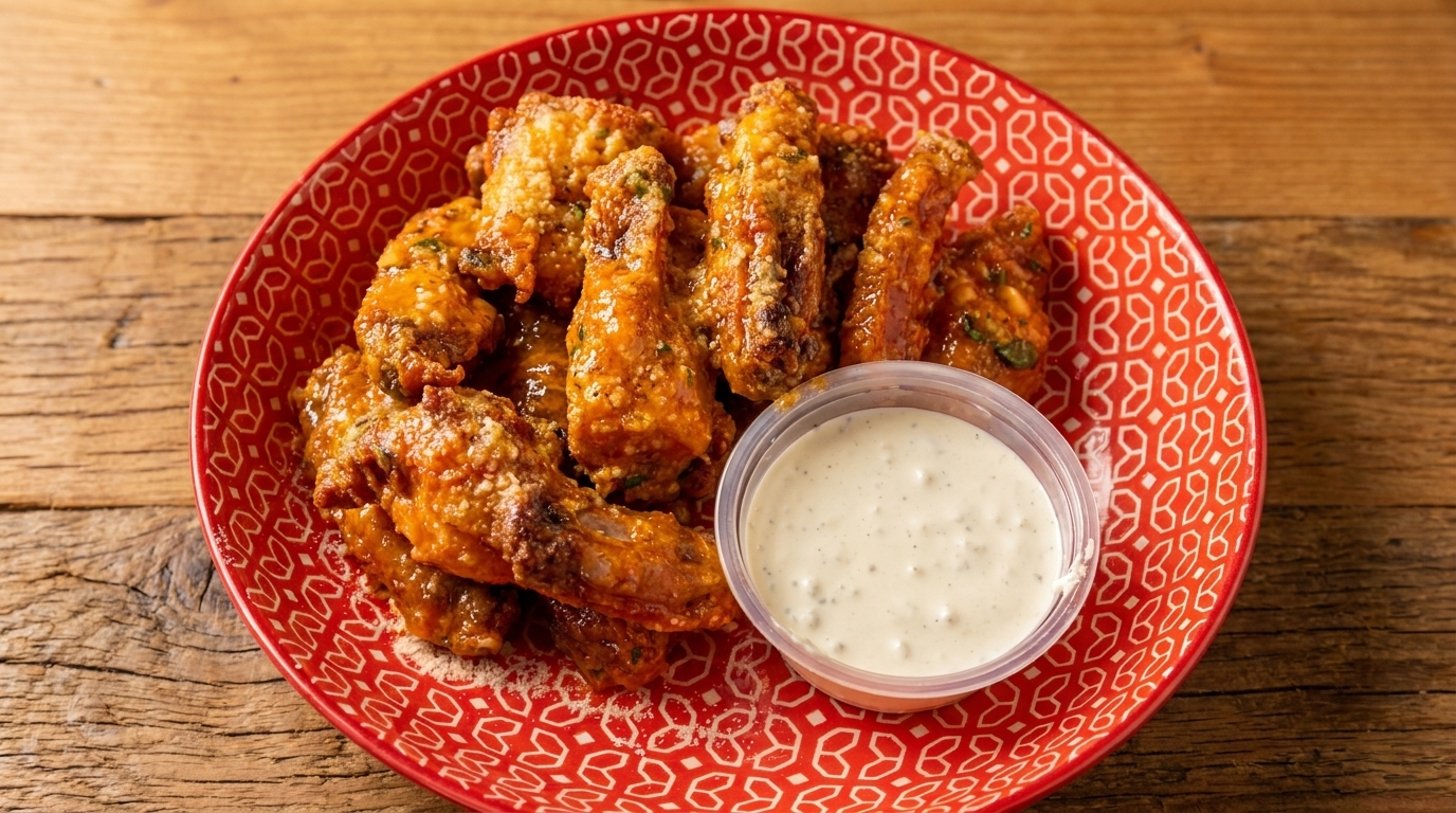 A red patterned plate filled with crispy chicken wings and a side of ranch dressing.