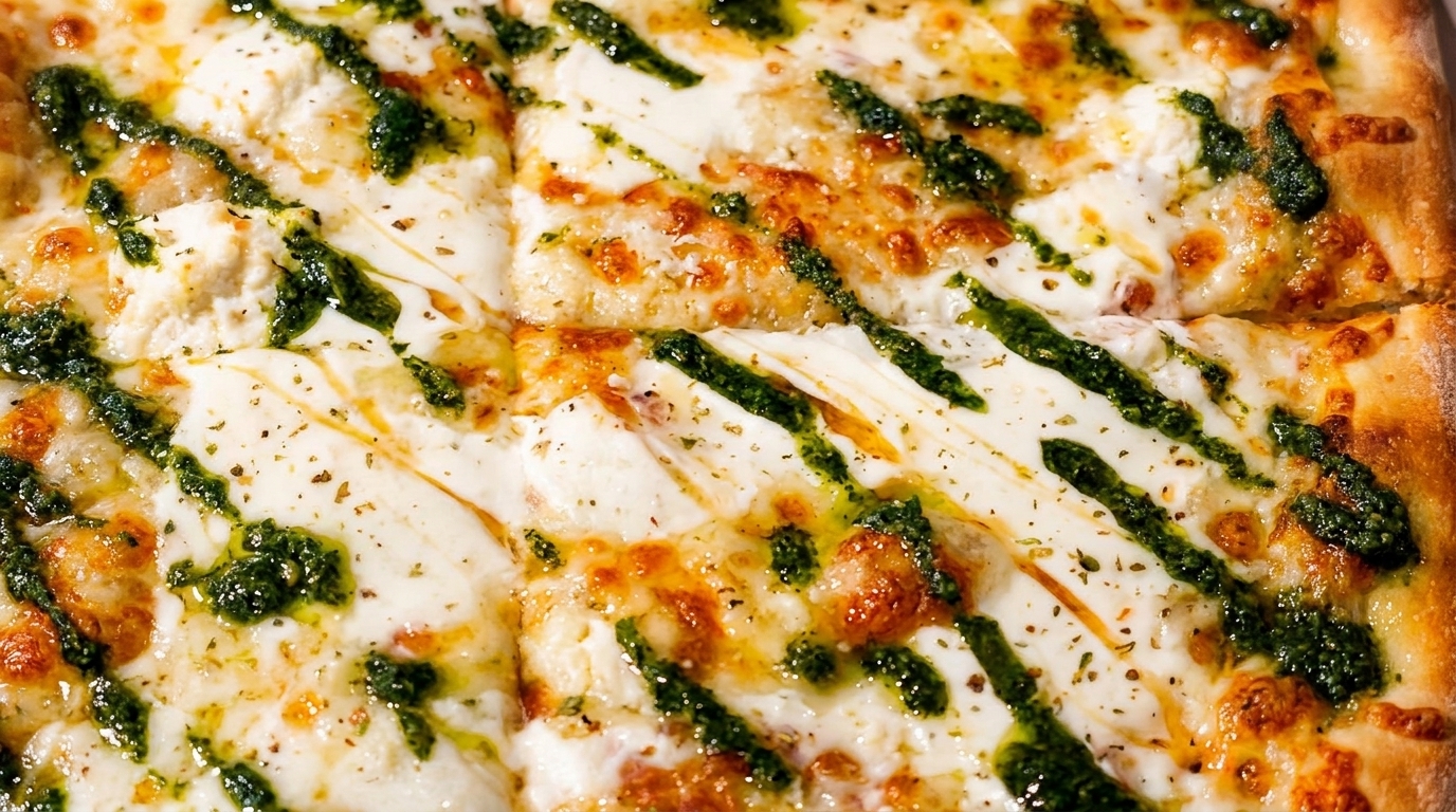 Close-up of a freshly baked pizza with melted white cheese and green pesto drizzled on top.