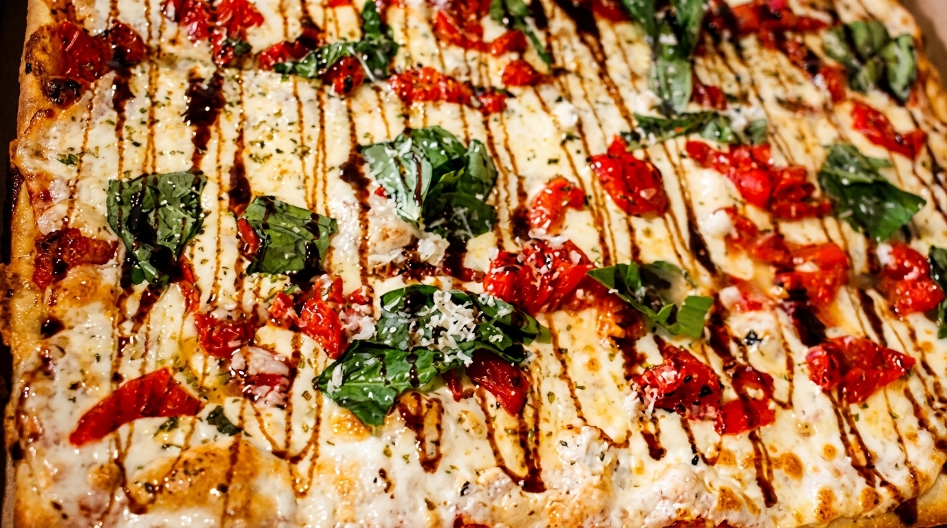 Close-up of a rectangular pizza with melted cheese, sun-dried tomatoes, basil, and balsamic glaze.
