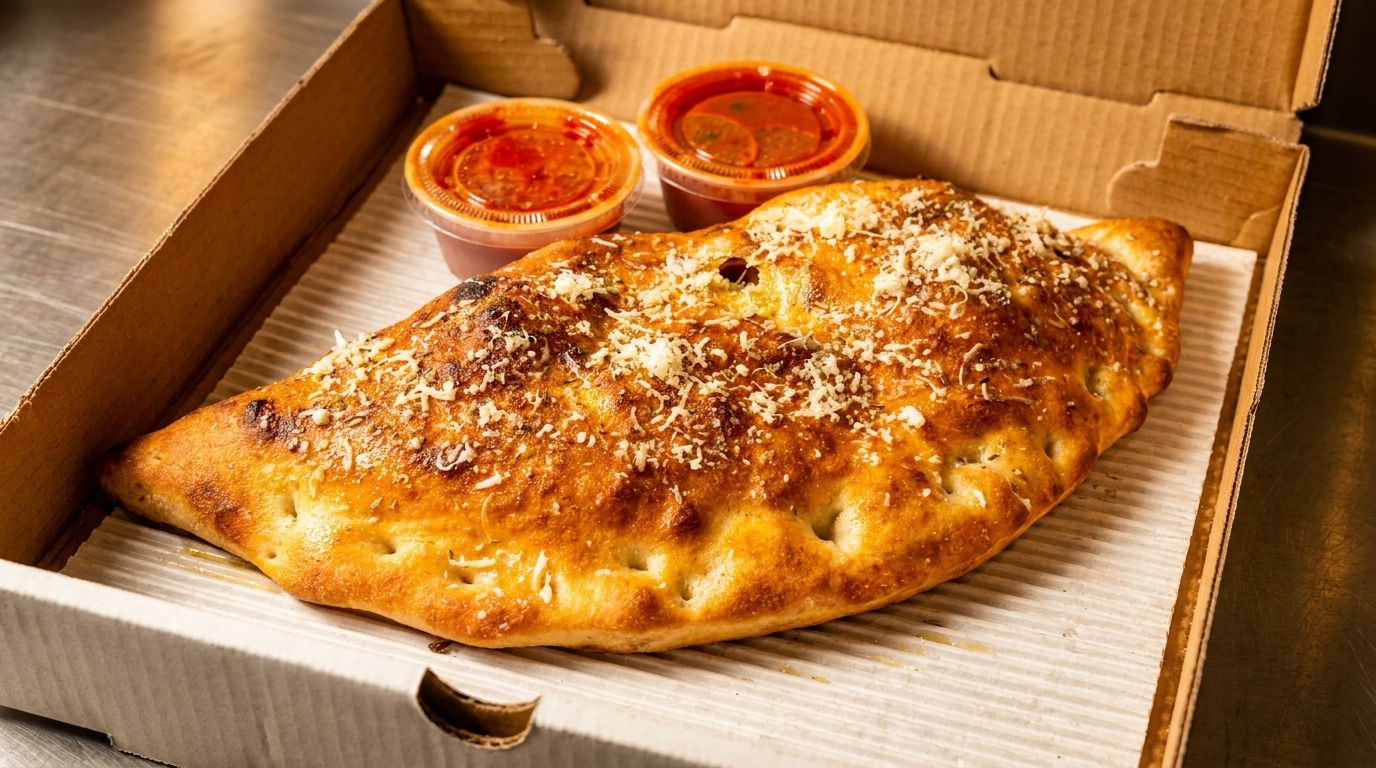 Golden-brown calzone topped with grated cheese, served in a cardboard box with two small sauce containers.