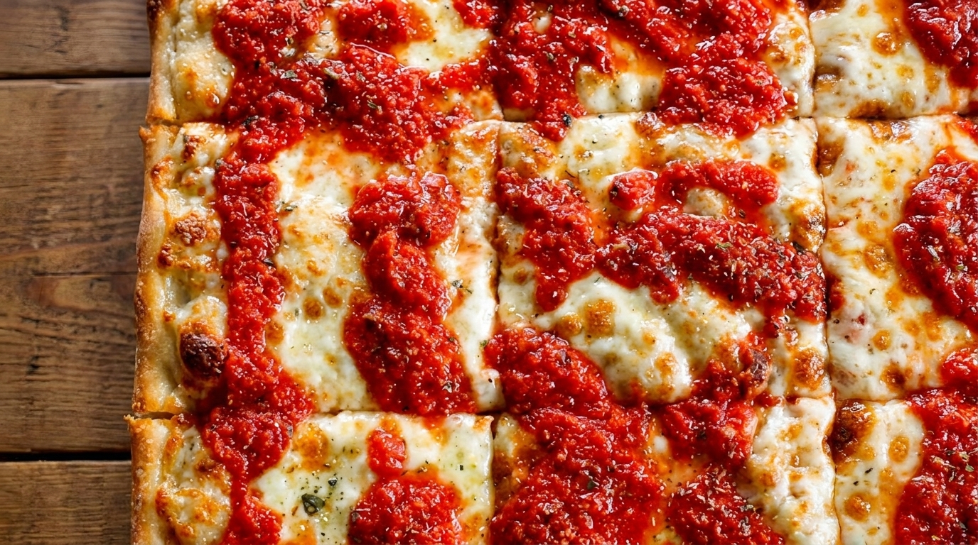 Close-up of a rectangular Sicilian pizza with melted cheese and dollops of red sauce.