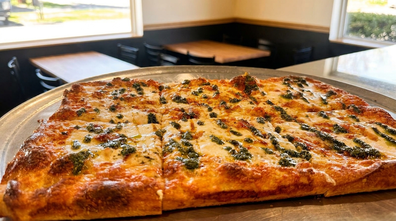 Square-cut pizza with melted cheese and pesto drizzle on a metal tray in a restaurant.