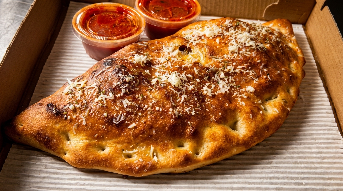 Golden-brown calzone topped with grated cheese and herbs, served with two cups of marinara sauce in a box.