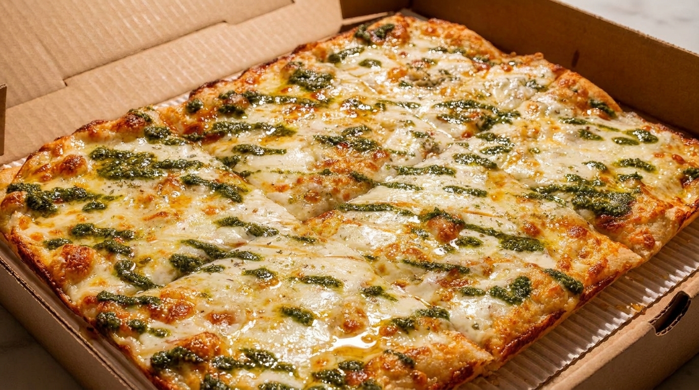 Square pesto pizza with melted cheese and green pesto swirls in a cardboard delivery box.