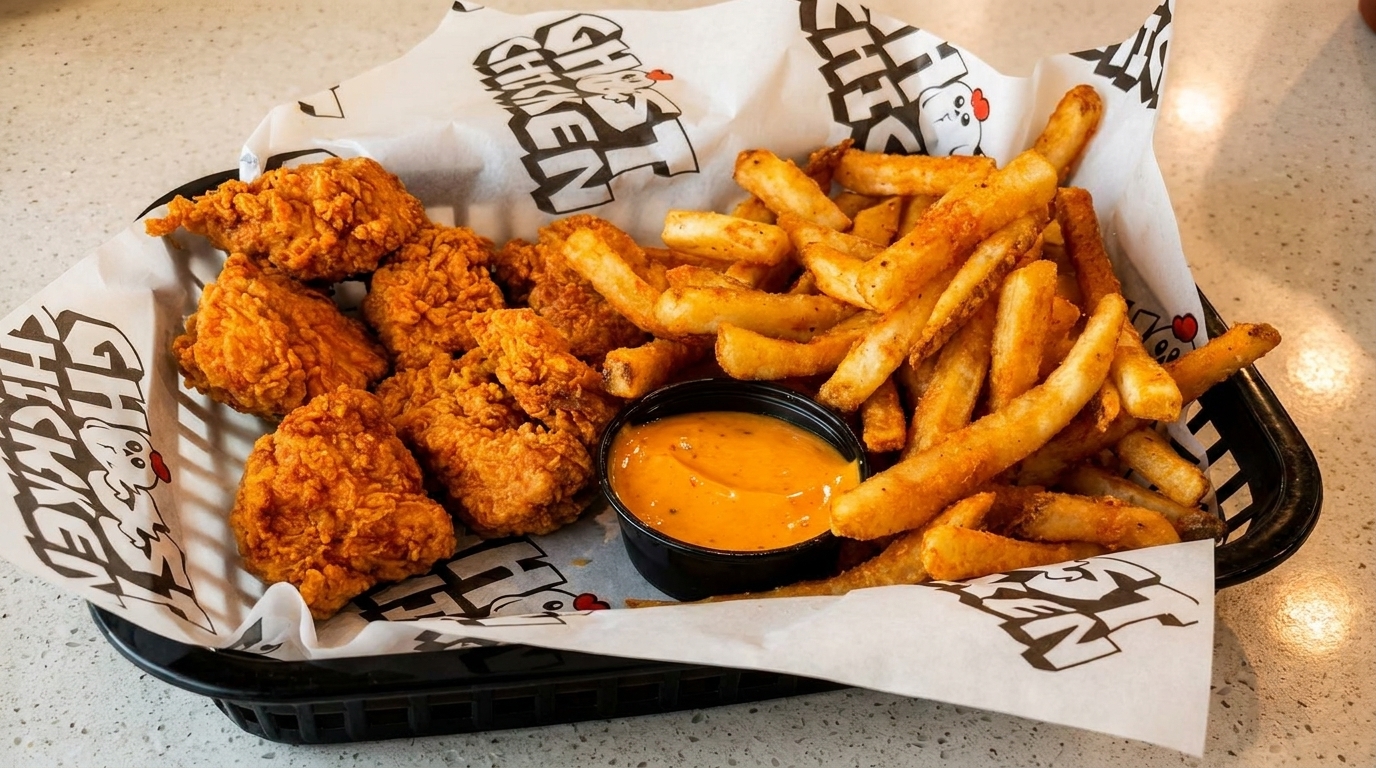 Crispy fried chicken tenders and seasoned french fries with dipping sauce in a black basket.
