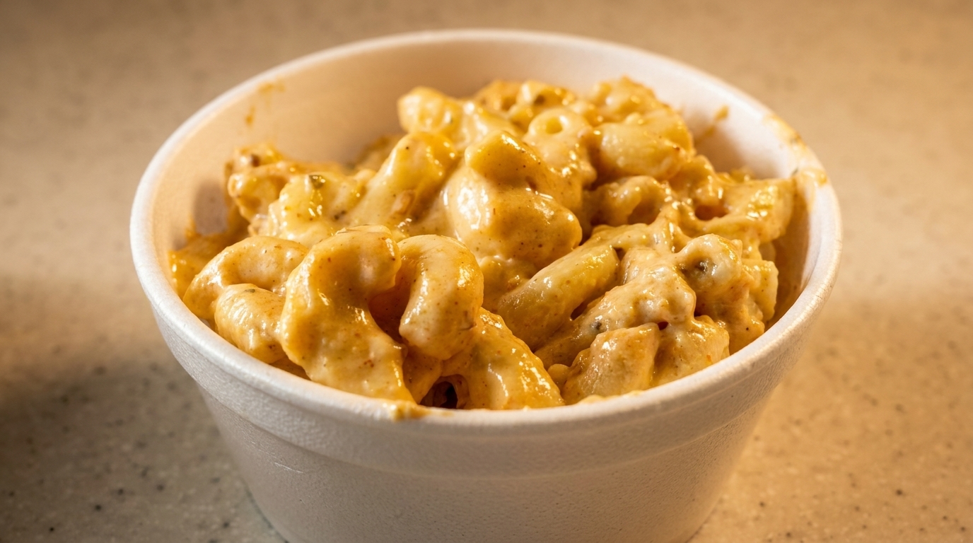 Creamy macaroni and cheese in a white styrofoam cup, close-up.