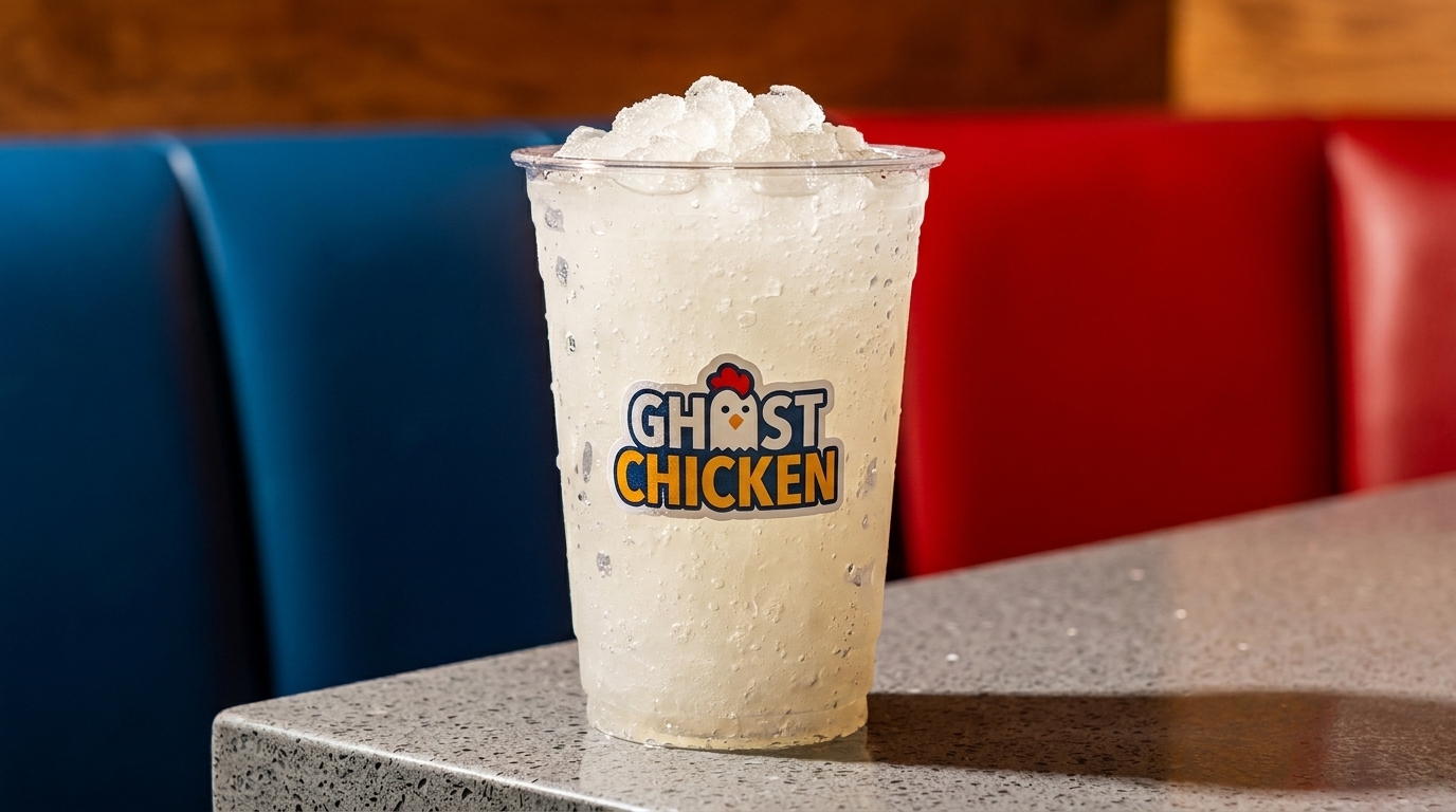 Ghost Chicken branded frozen lemonade drink on a counter with red and blue booths in the background.