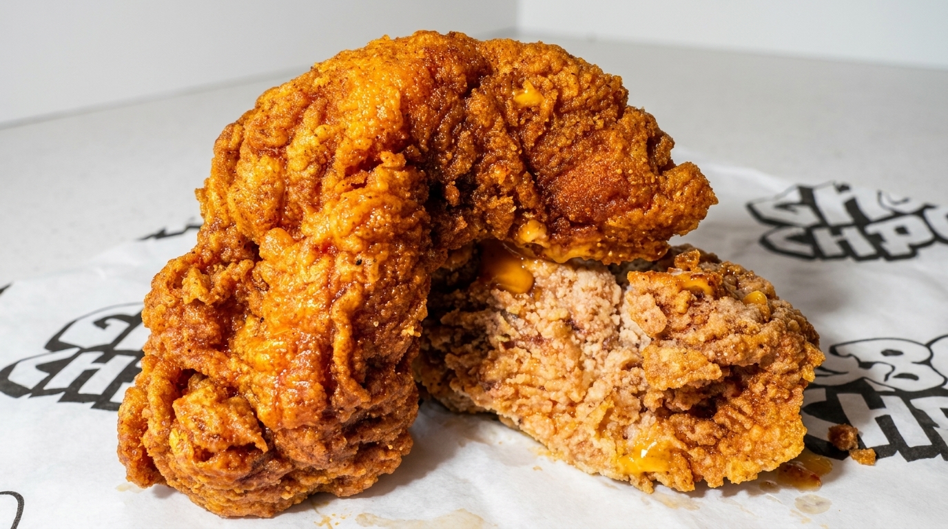 Two pieces of crispy fried chicken, one broken open to show the juicy interior, on branded paper.