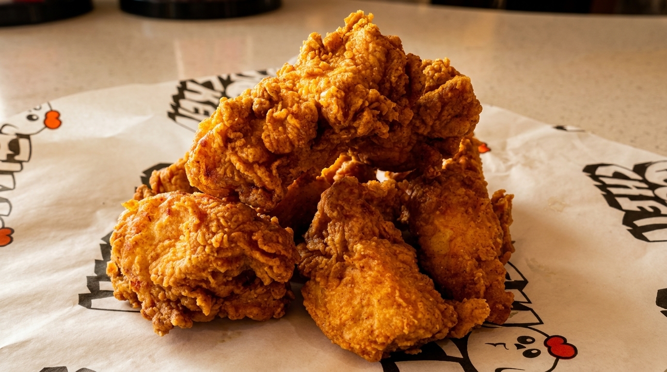 Crispy, golden-brown fried chicken pieces piled on white paper with a chicken logo.