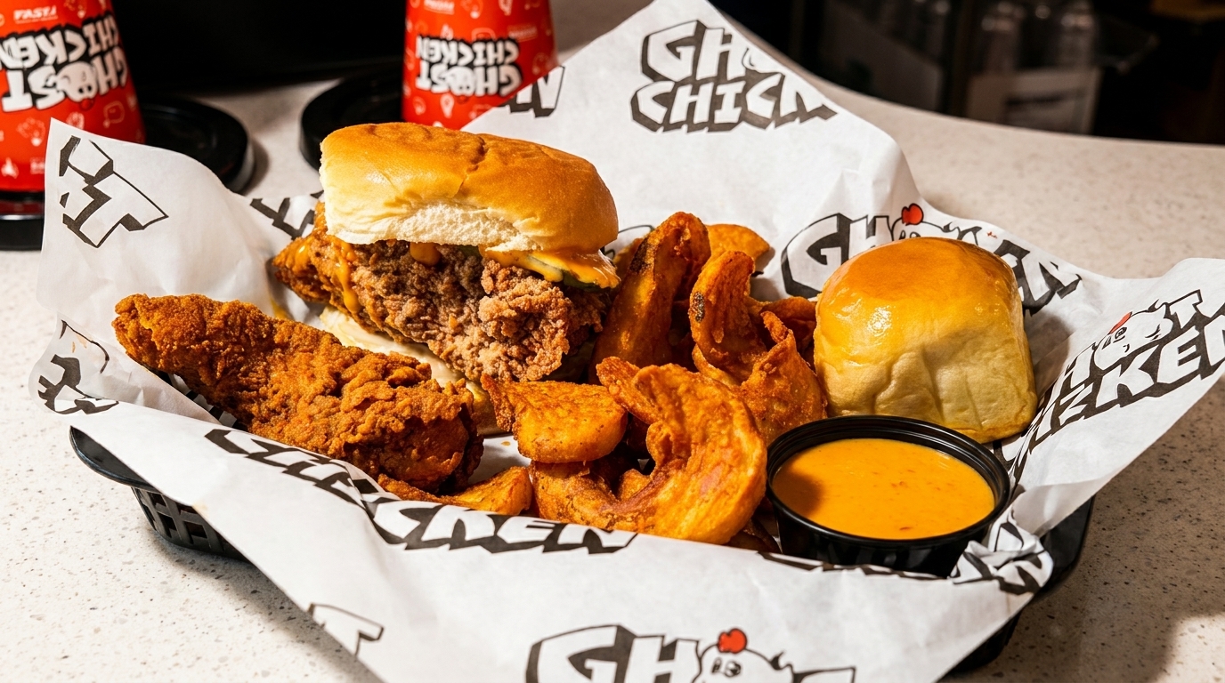 Ghost Chicken meal with fried chicken sandwich, tenders, potato wedges, bun, and dipping sauce.