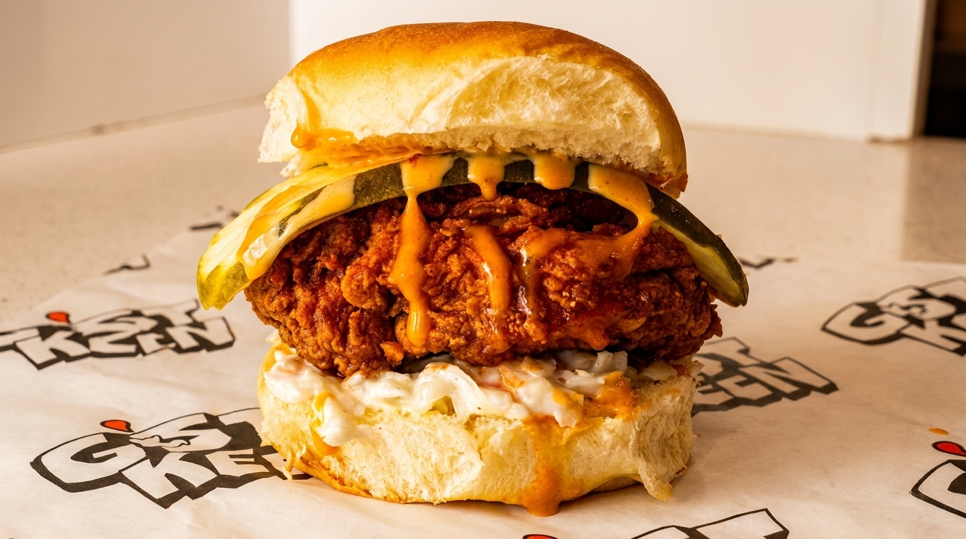 Crispy fried chicken sandwich with pickles, coleslaw, and spicy sauce on a bun.