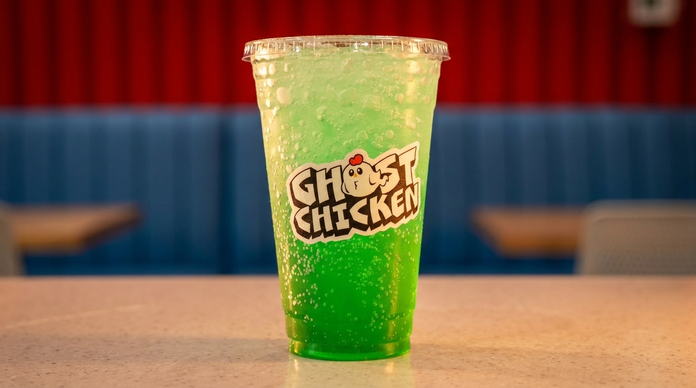 A Ghost Chicken branded cup filled with a bubbling green soda and ice on a table.