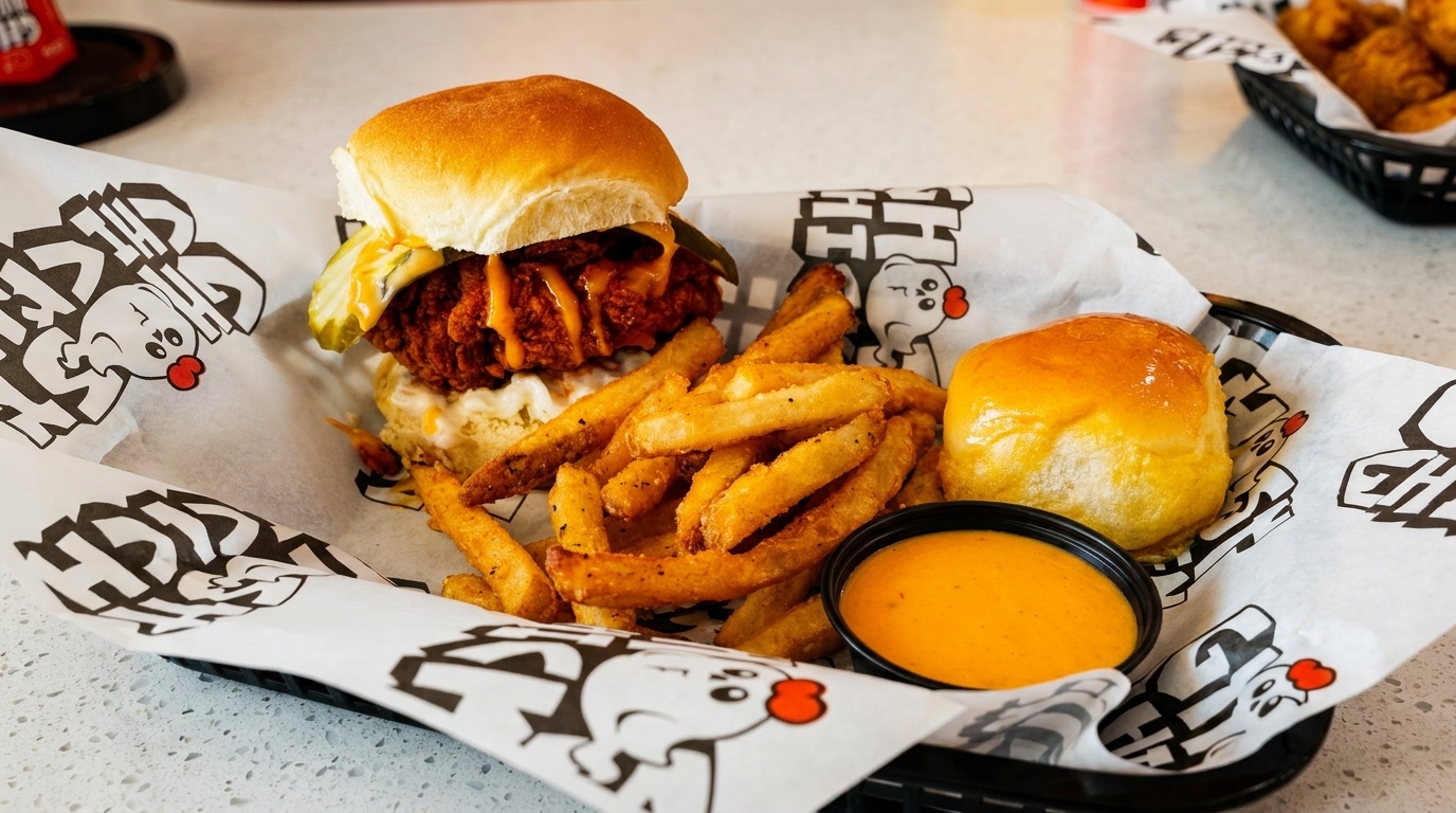 A fried chicken sandwich with pickles and sauce, fries, a dinner roll, and dipping sauce.