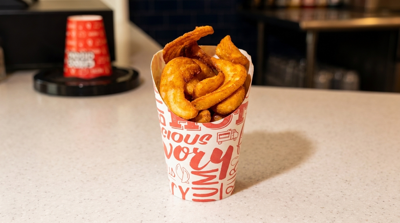 Curly fries in a branded paper cup on a light countertop, with a blurred background.