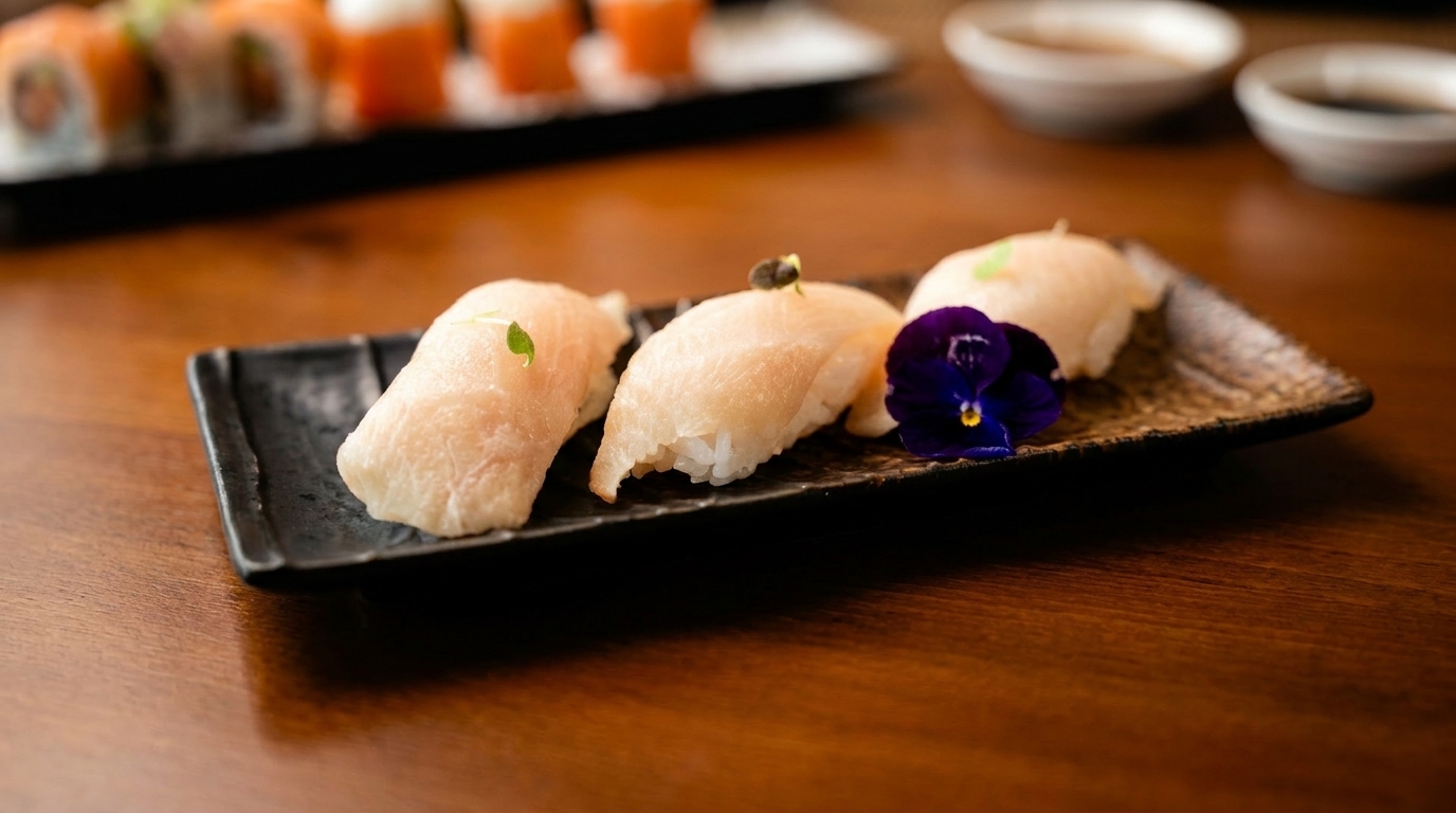 Three pieces of nigiri sushi with light fish and a purple flower on a dark rectangular plate.