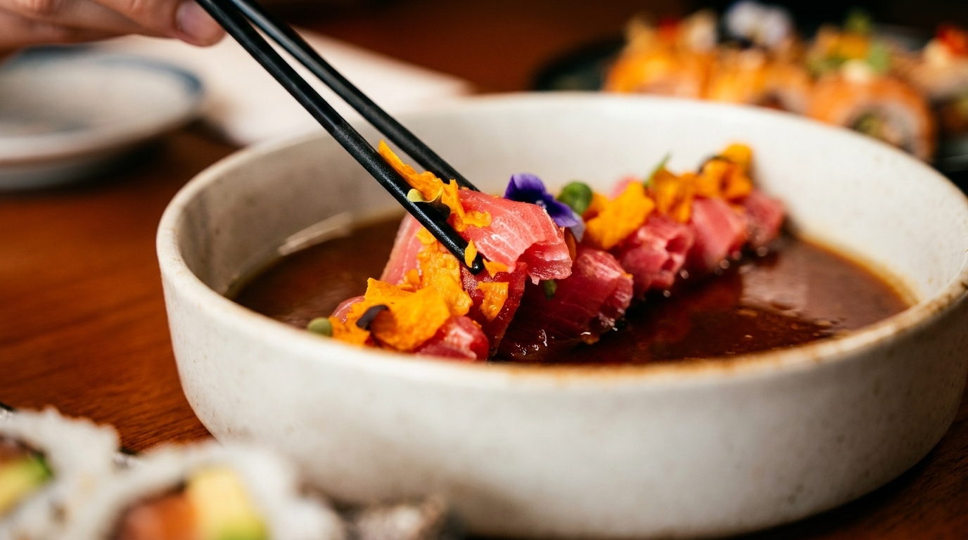 Chopsticks lifting a piece of tuna sashimi from a bowl of dark sauce, garnished with flowers.