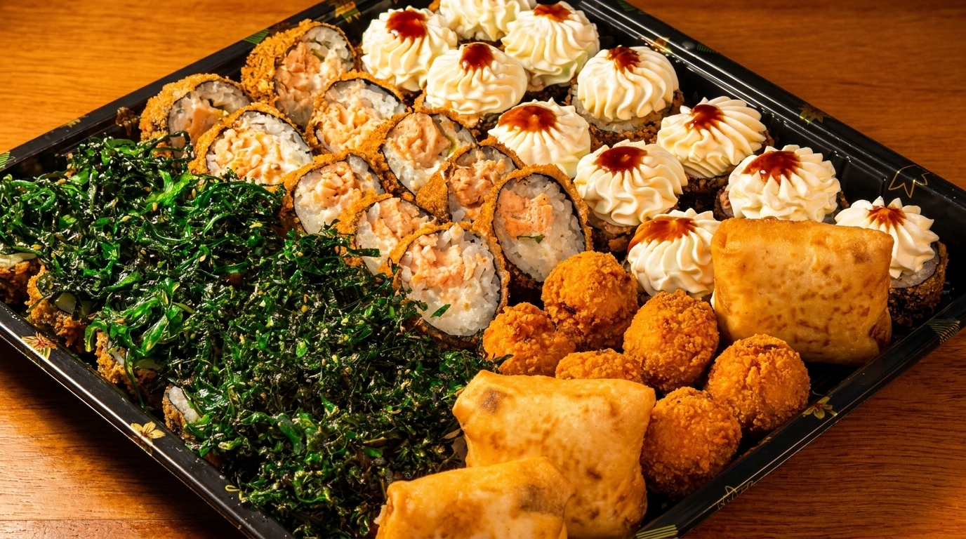 A black tray filled with various sushi rolls, fried appetizers, and green seaweed salad.