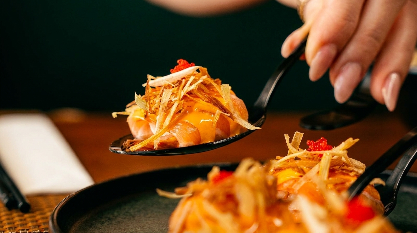 A hand holds a black spoon filled with salmon sushi, topped with crispy fried onions and red roe.