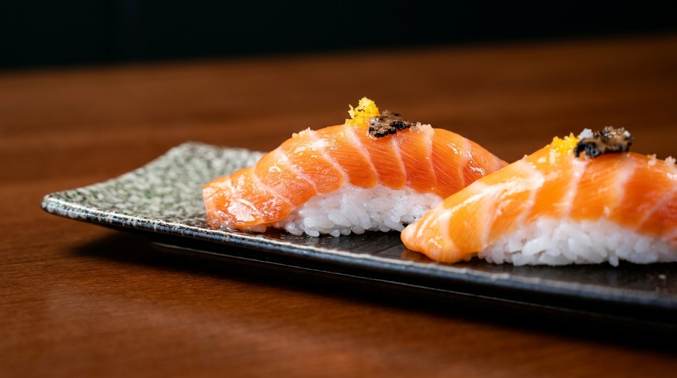 Two pieces of salmon nigiri sushi with caviar and roe on a patterned plate.