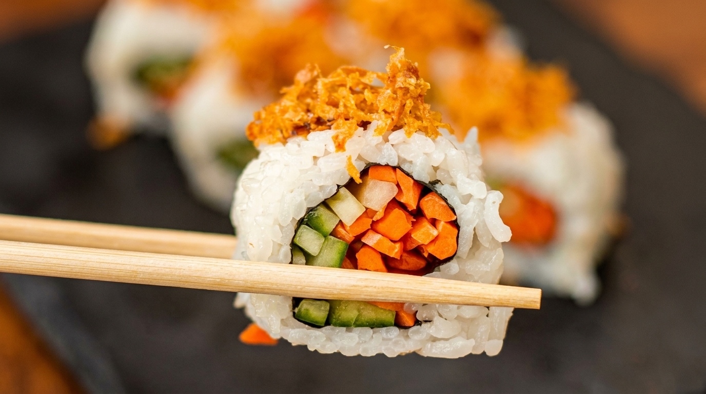 Chopsticks holding a sushi roll filled with carrots and cucumbers, topped with crispy fried onions.