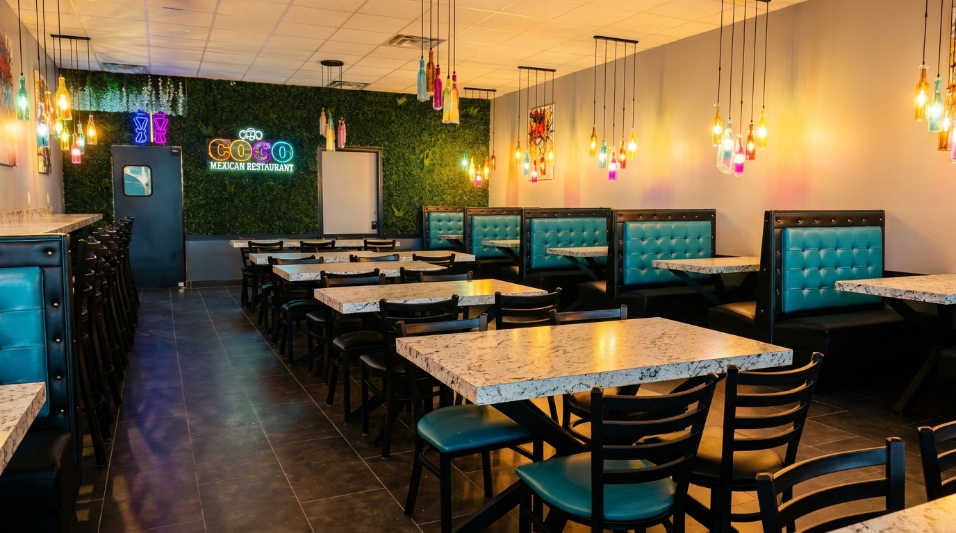 Interior of a vibrant Mexican restaurant with teal booths, marble tables, and colorful bottle chandeliers.