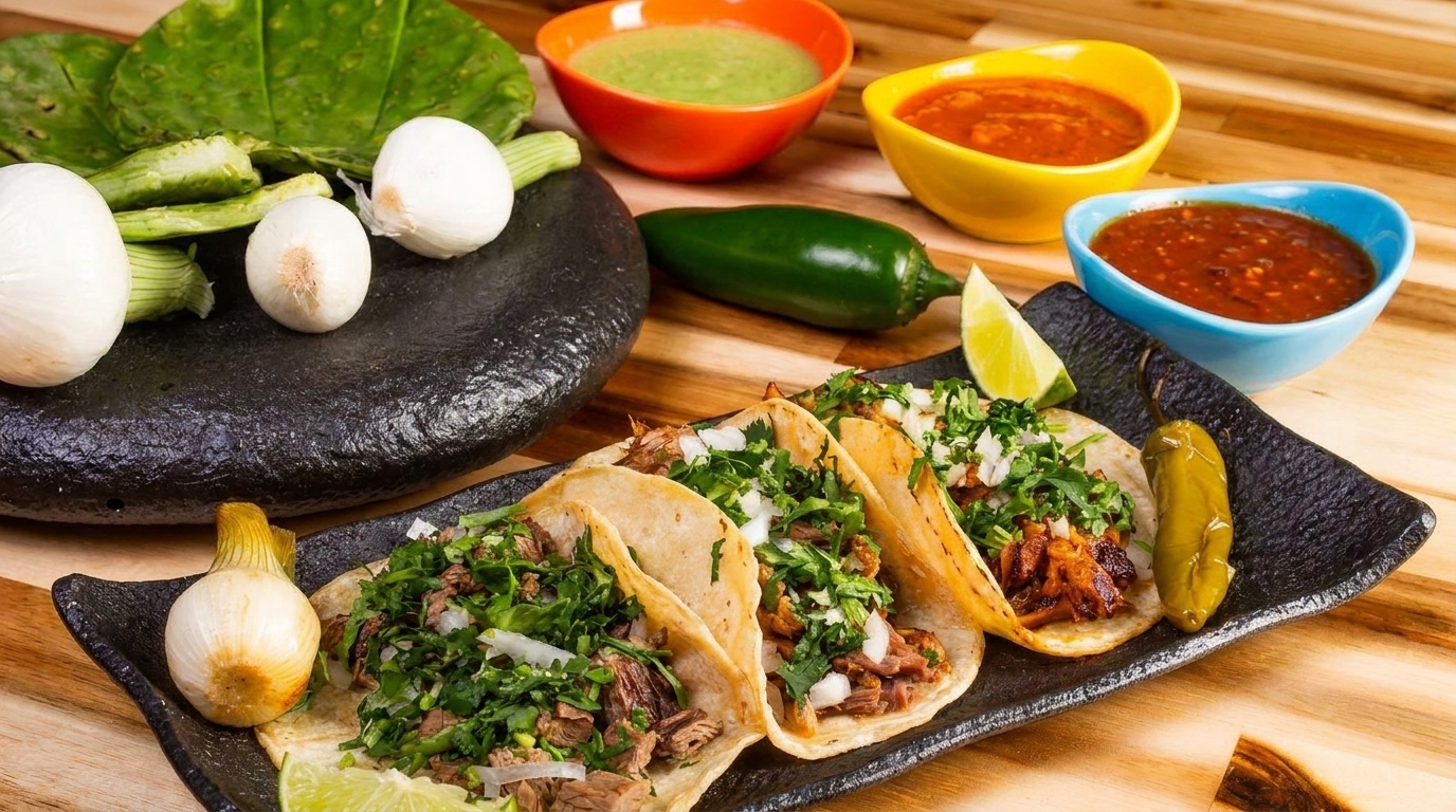 Three street tacos with meat, cilantro, and onions, alongside salsas, onions, and peppers.