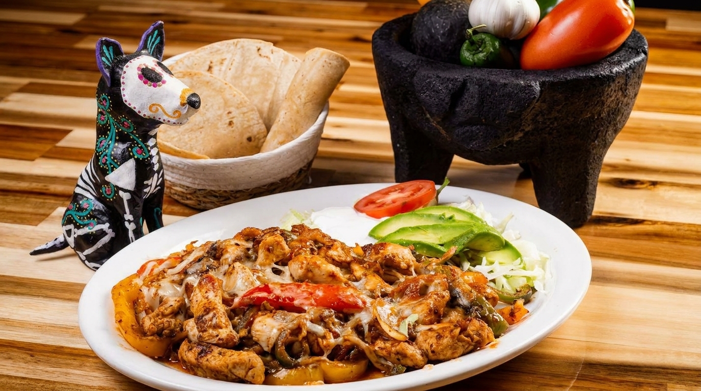 Chicken fajitas with melted cheese, avocado, tomato, tortillas, and a Day of the Dead dog.