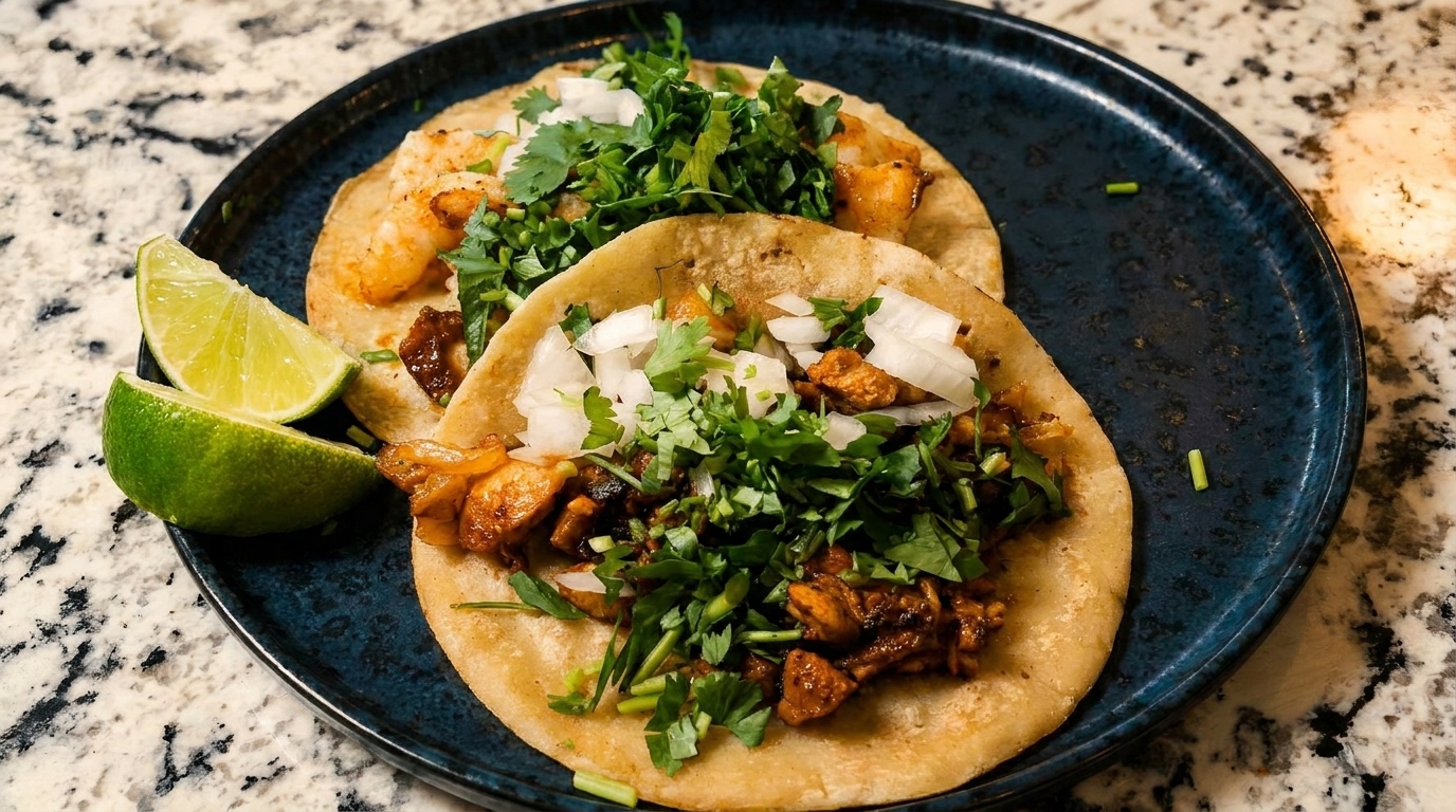 Two tacos, one shrimp and one chicken, topped with cilantro and onions, served with lime wedges.