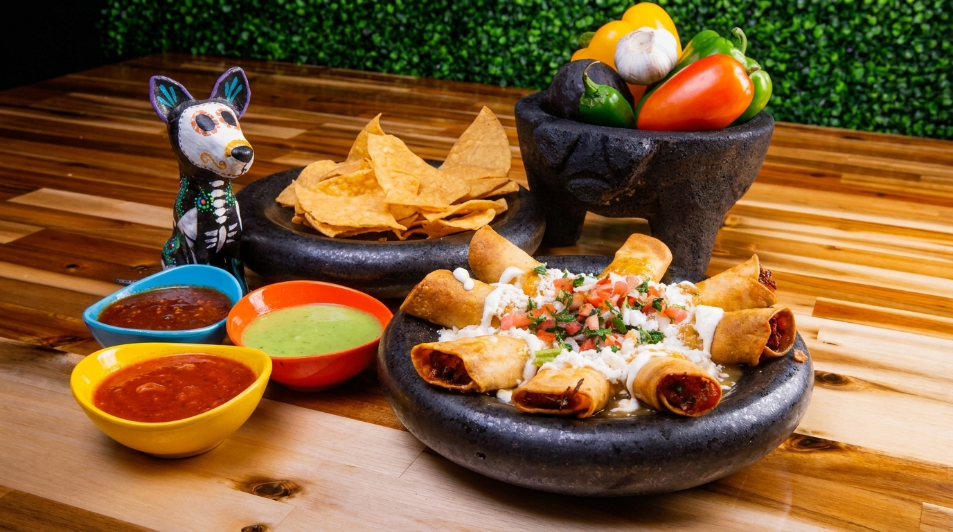 Mexican food spread with taquitos, chips, salsa, and fresh vegetables on a wooden table.