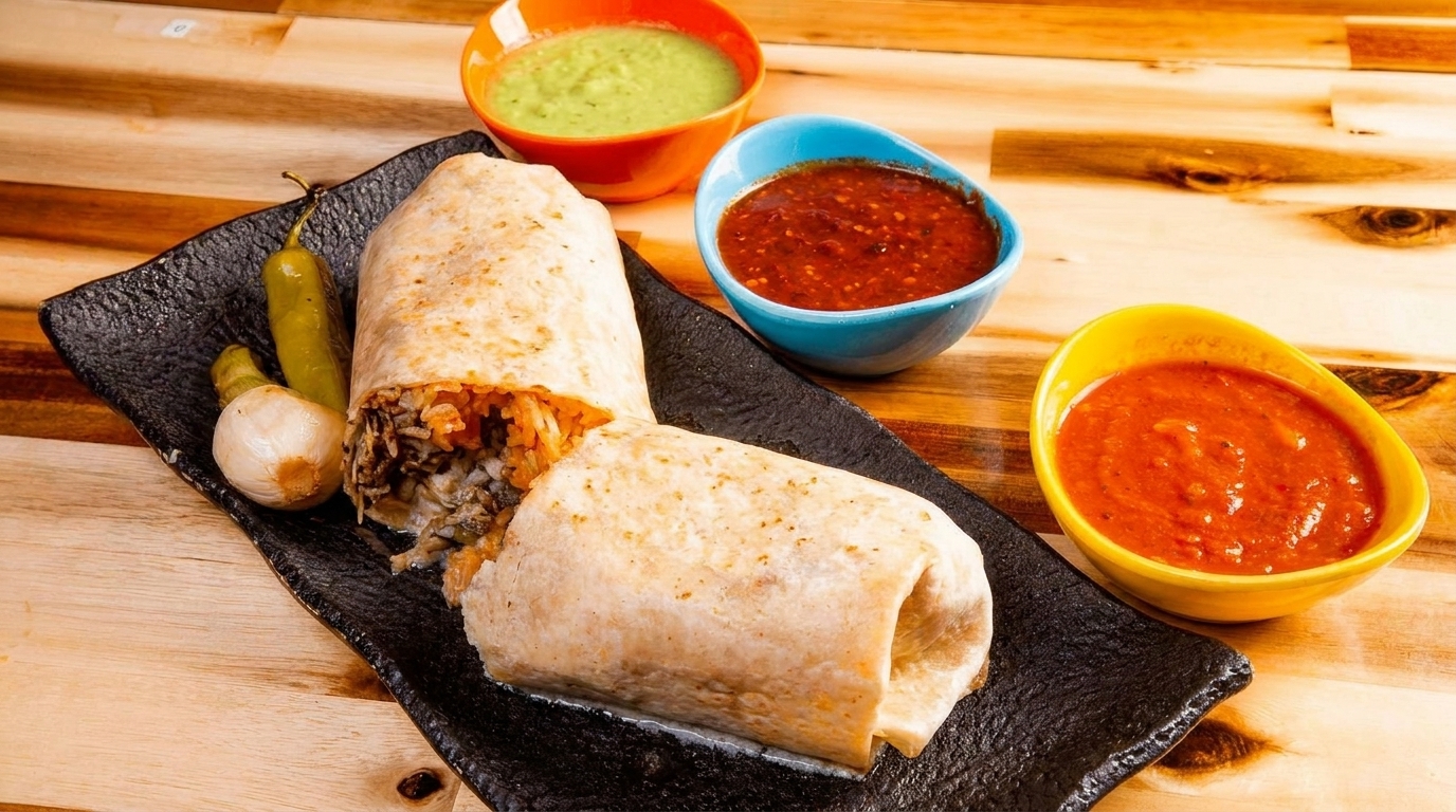 Two burritos on a black plate with three bowls of salsa and pickled vegetables on a wooden table.