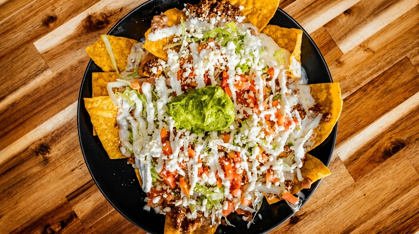 A black plate of loaded nachos with guacamole, sour cream, cheese, and pico de gallo.