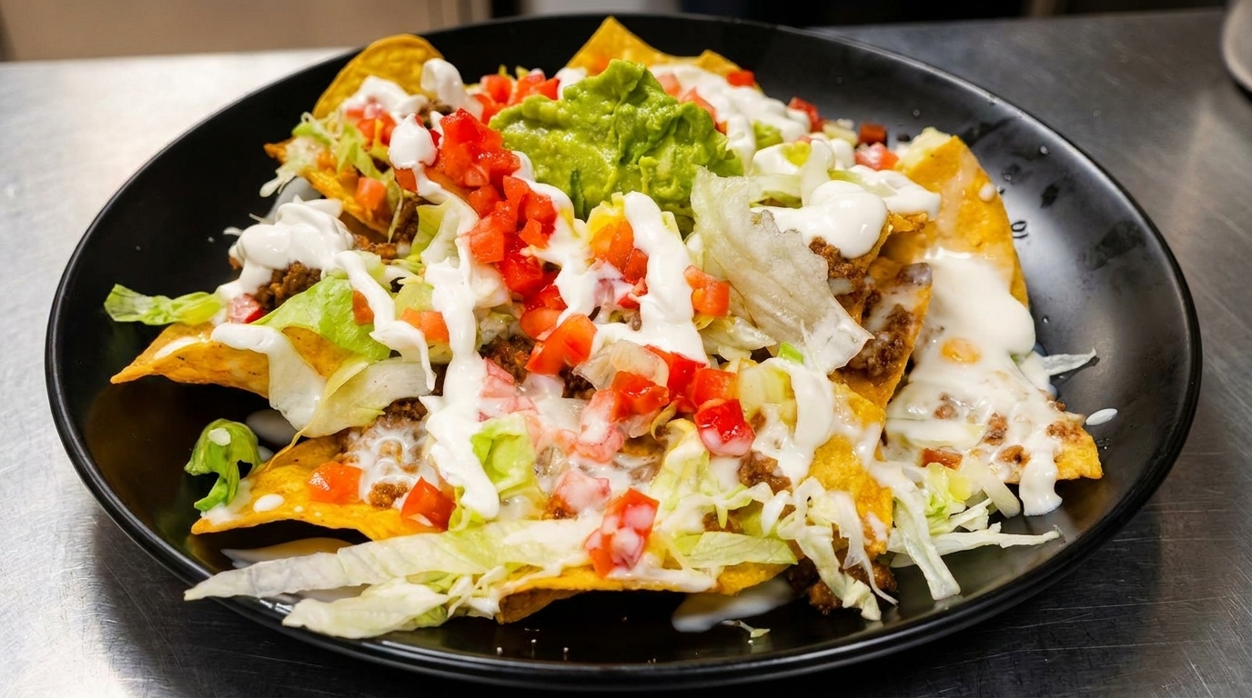 A black plate of loaded nachos with ground beef, lettuce, tomatoes, sour cream, and guacamole.