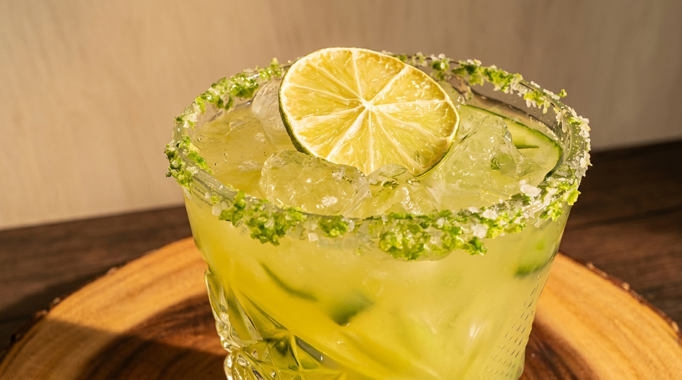 Close-up of a margarita with a lime slice, ice, cucumber, and a salt and lime zest rim.