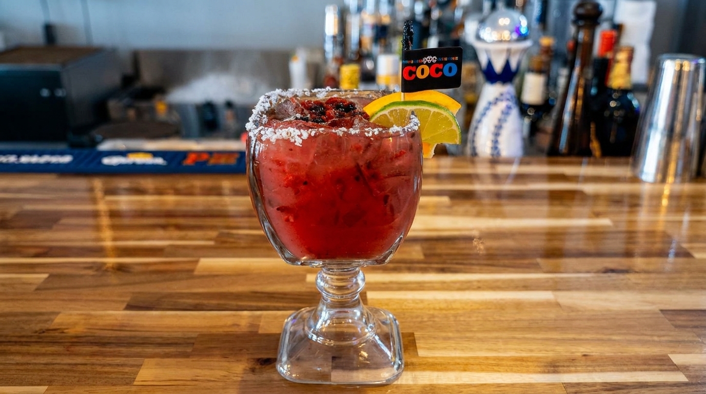 A vibrant red Coco margarita, garnished with lime and orange, sits on a wooden bar.