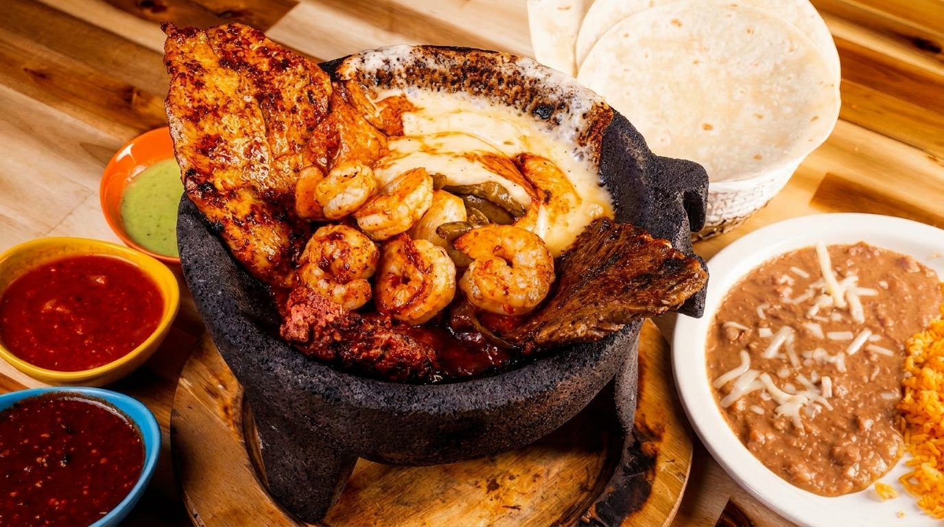 Molcajete with grilled chicken, shrimp, steak, melted cheese, and salsas, with tortillas and rice and beans.
