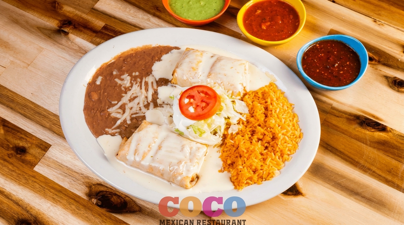 Two burritos covered in white sauce, with rice, refried beans, and three bowls of salsa.