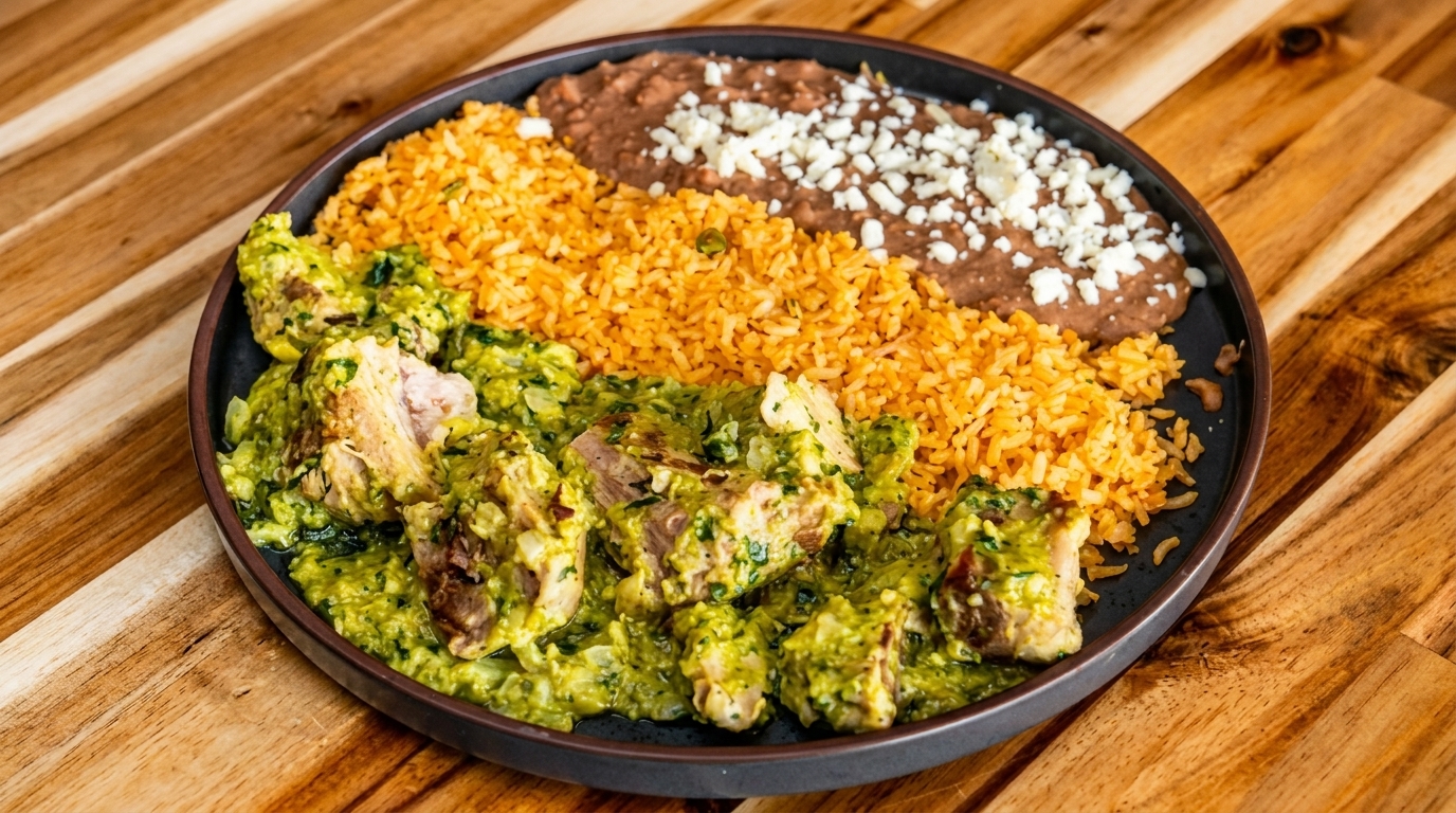 Pork in green chile sauce, Mexican rice, and refried beans with cheese on a dark plate.