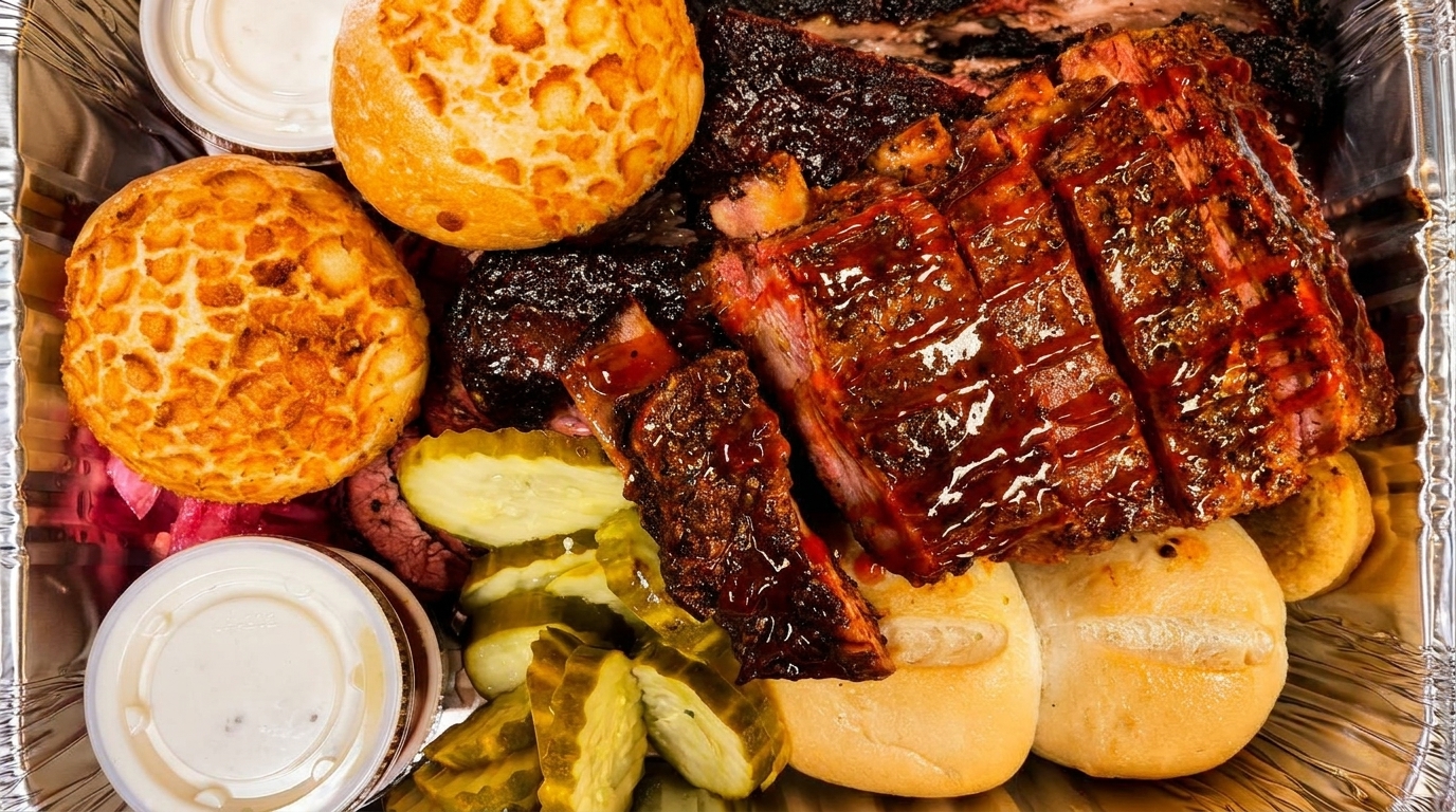 Close-up of a barbecue platter with ribs, brisket, buns, pickles, and sauces in a foil container.
